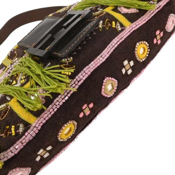 Fendi Vintage Baguette Shoulder Bag Embellished Denim Brown Beads,Cotton,Leather - Picture 3 of 10